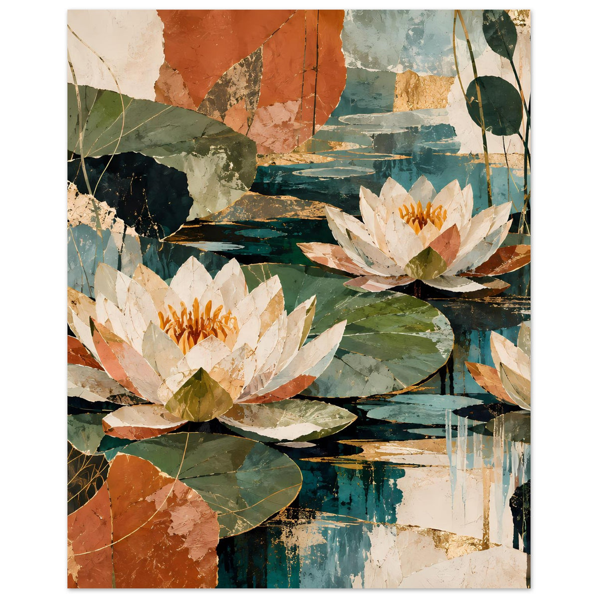 Vertikales botanisches Poster mit weißen Seerosenblüten, goldenen Staubgefäßen und Blättern am Wasser