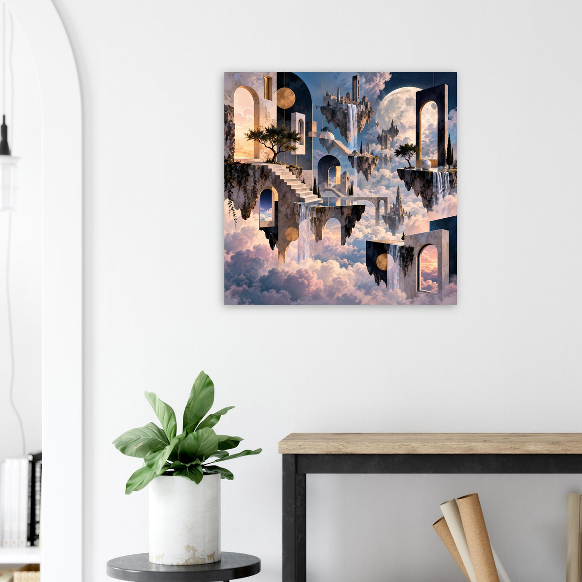 Surreales Poster mit schwebenden Inseln und Traumarchitektur aus Bögen über Wolken