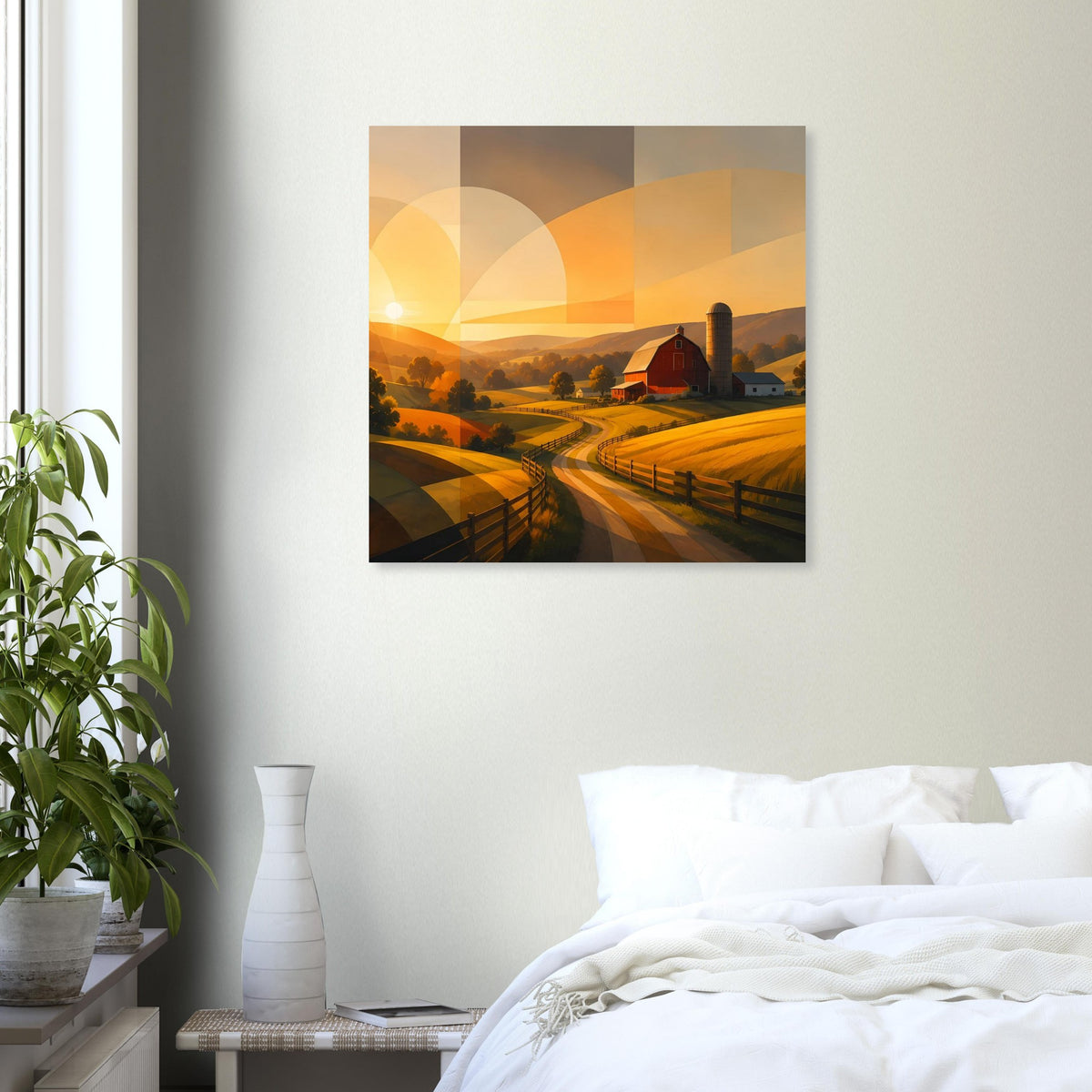 Quadratisches abstraktes Poster mit Landschaftsmotiv: rote Scheune, Felder, Zaun und Sonne