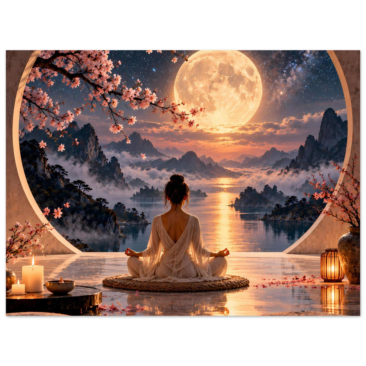 Zen-Meditationsposter: Meditierende auf Kissen, große Mondsichel, ruhiger Fluss, Kirschblüten