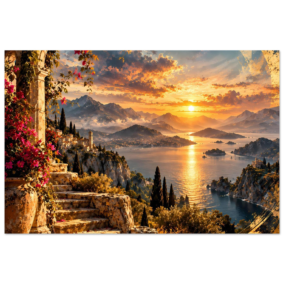 Küstenposter mit Treppenstufen links, roten Blüten am Rand, Sonnenuntergang und Bergkulisse