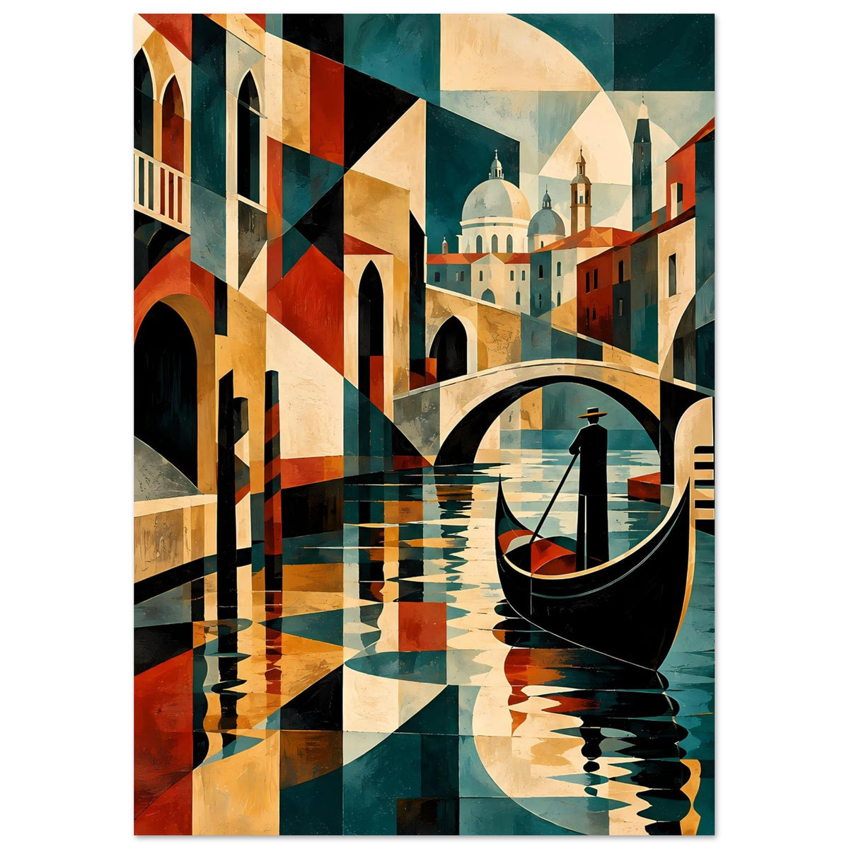 Abstraktes Poster im Hochformat mit geometrischen Formen, Gondel und Arkaden über dem Wasser.