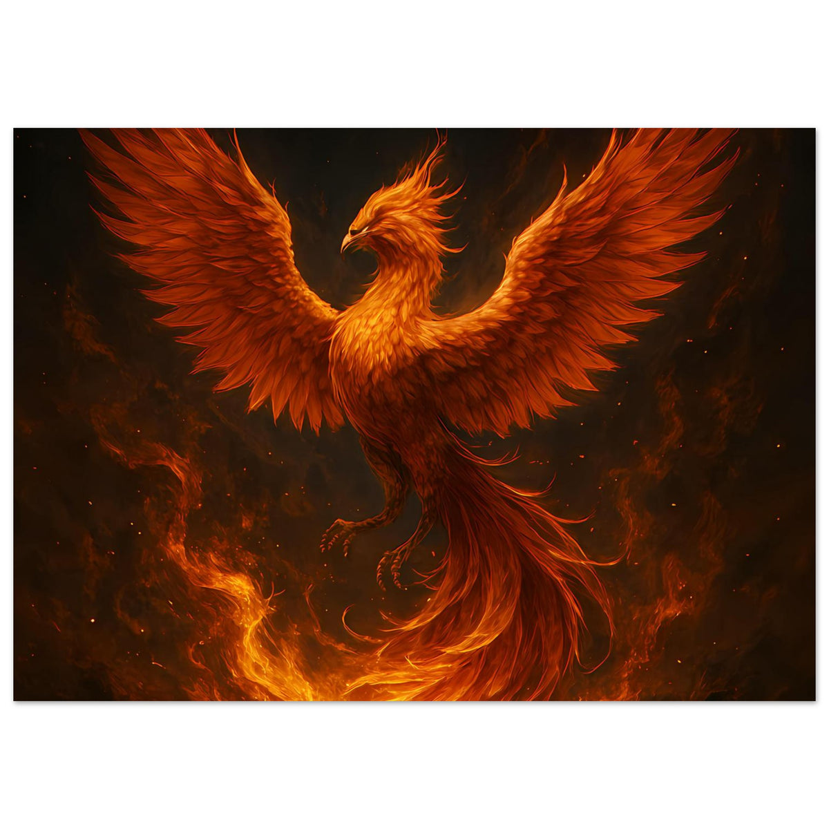 Feuriges Phönix-Poster (Querformat) mit mittigem Phönix und ausbreitenden Flammen
