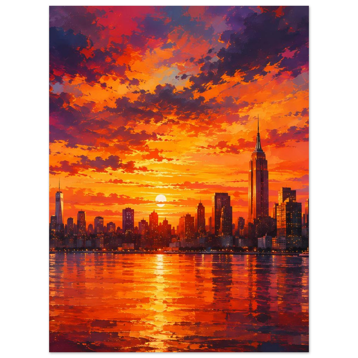 Stadtlandschaft-Poster mit orangefarbenem Sonnenuntergang, Skyline und Spiegelungen im Wasser