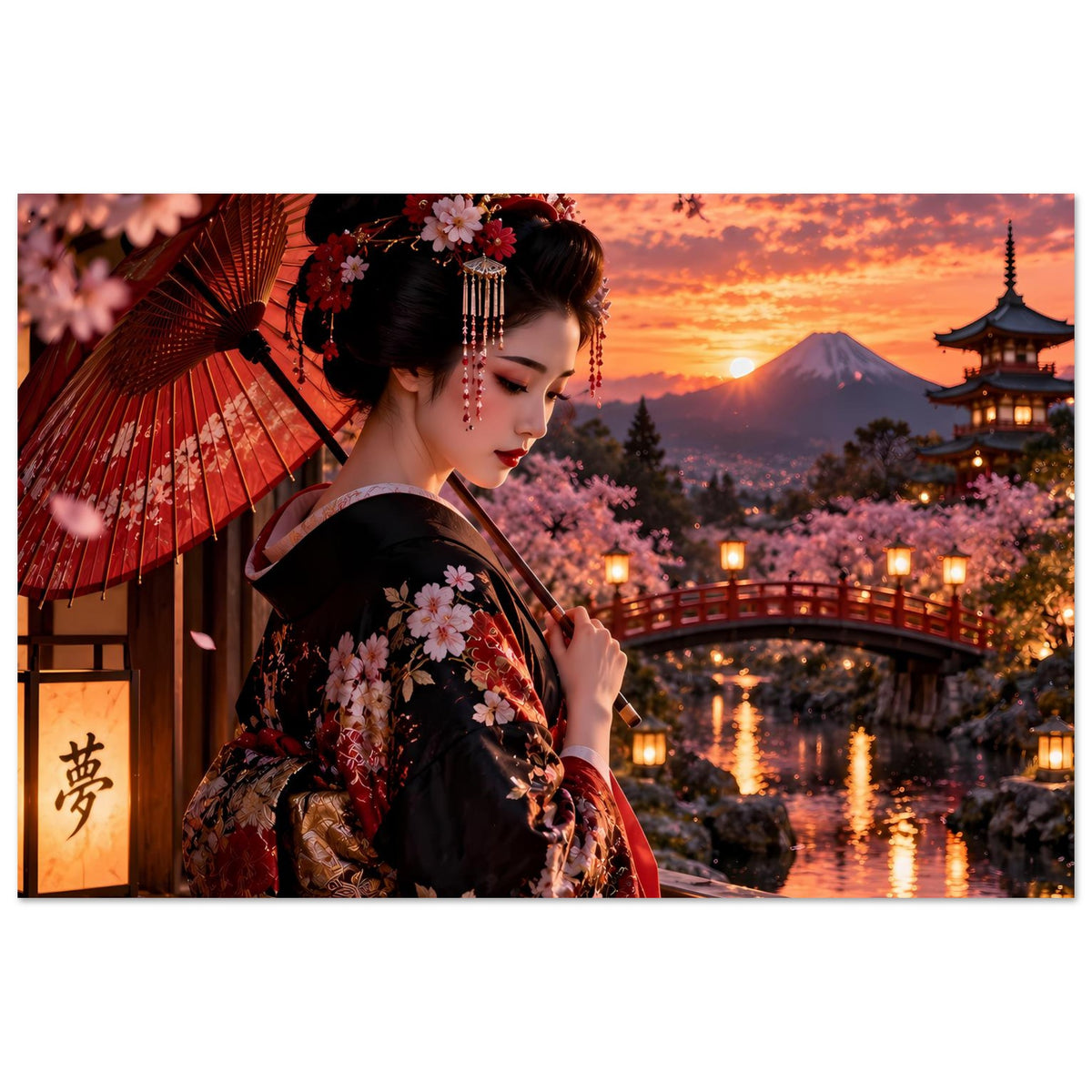Japanisches Kimono-Poster: Nahansicht der Frau im dunklen Kimono mit Kirschblütenmotiv