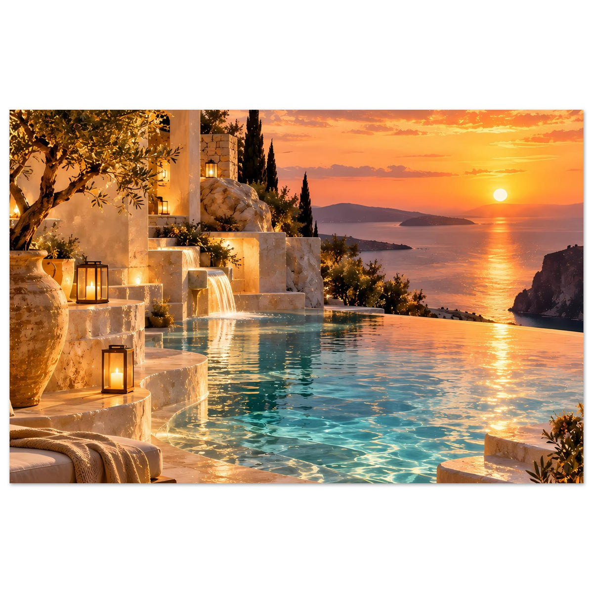 Landschaftsposter mit Pool und Wasserfontänen, Laternen bei goldenem Sonnenuntergang