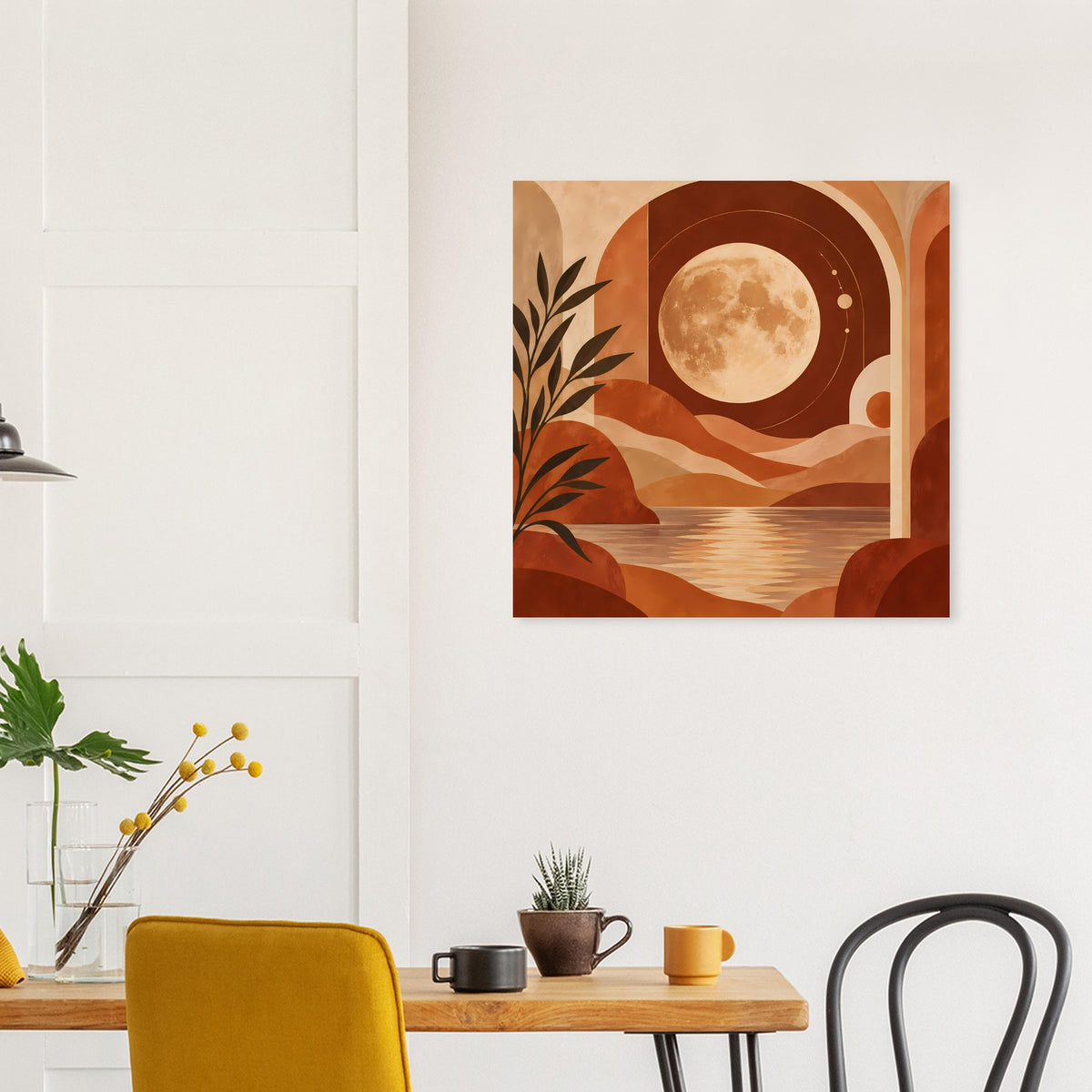 Boho-Poster: Vollmond über Dünen, terrakottafarbene Formen mit Pflanzenzweigen