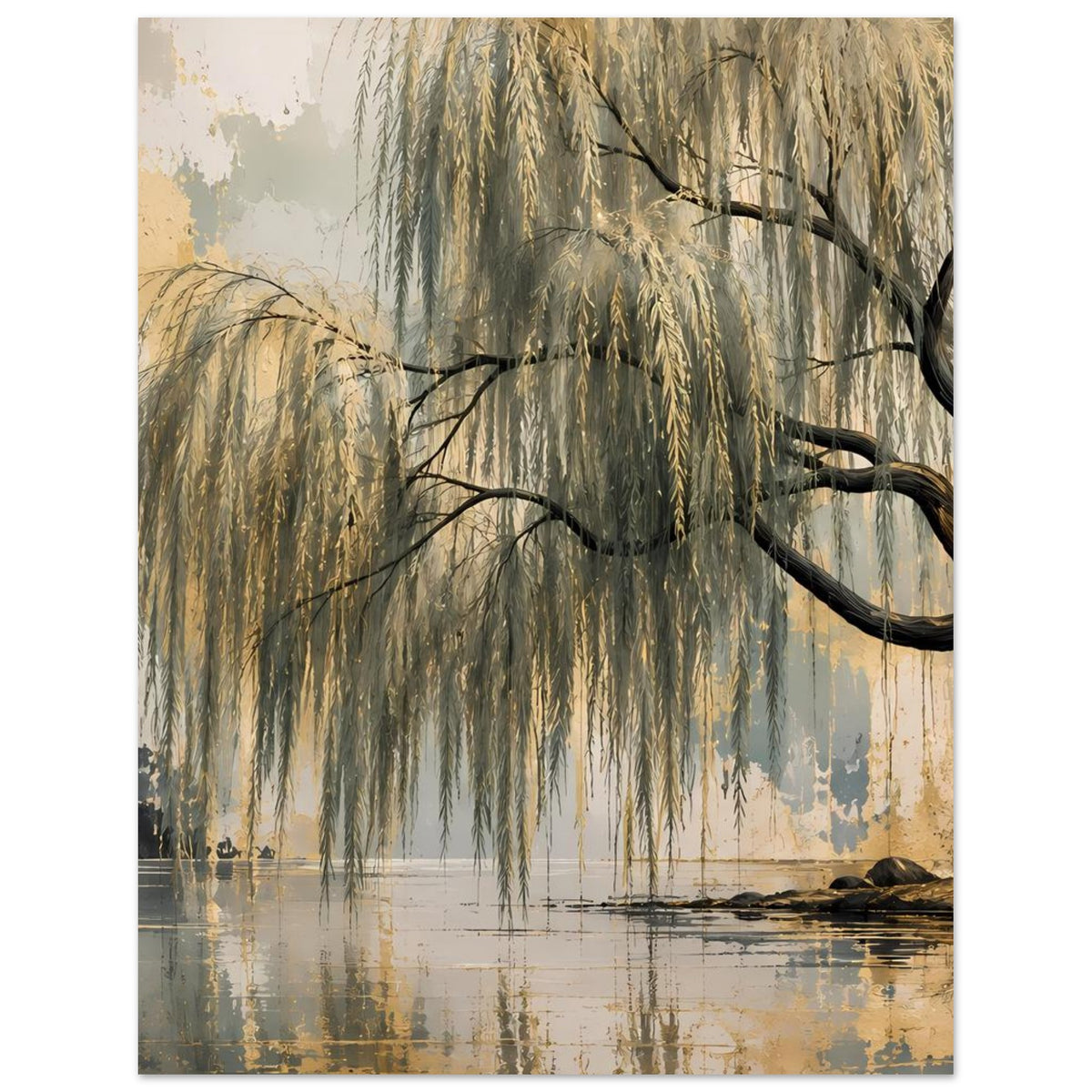 Poster mit Trauerweide, langen herabhängenden Zweigen und Spiegelung im See, gedeckte gold-blaue Töne