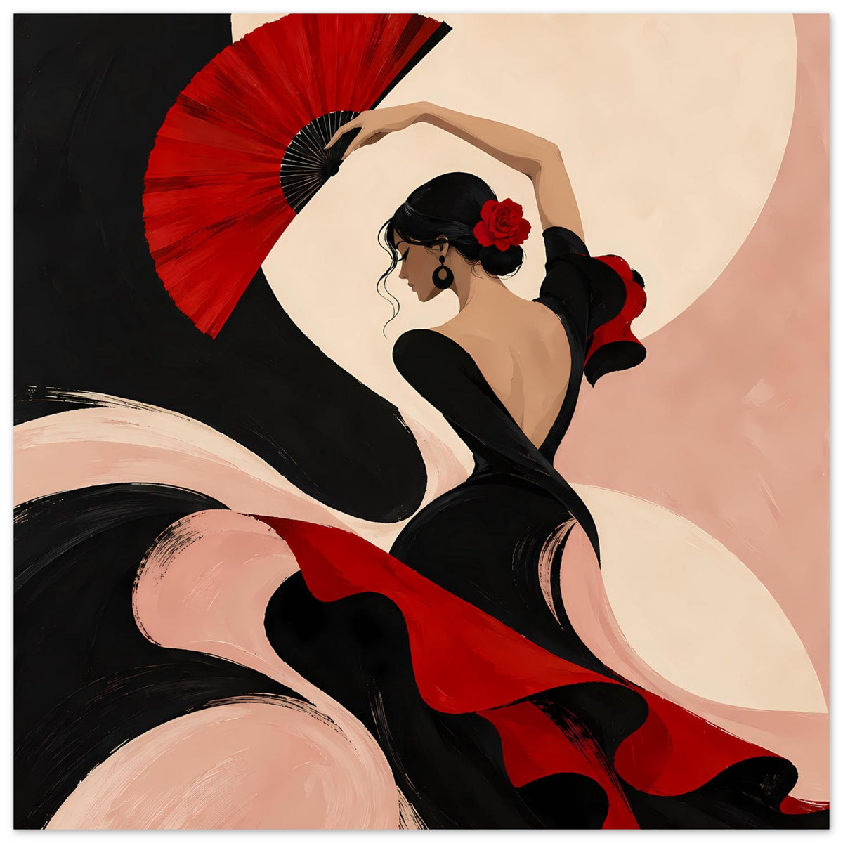 Flamenco-Tänzerin Poster: schwarze Figur mit rotem Fächer, rote Rose im Haar