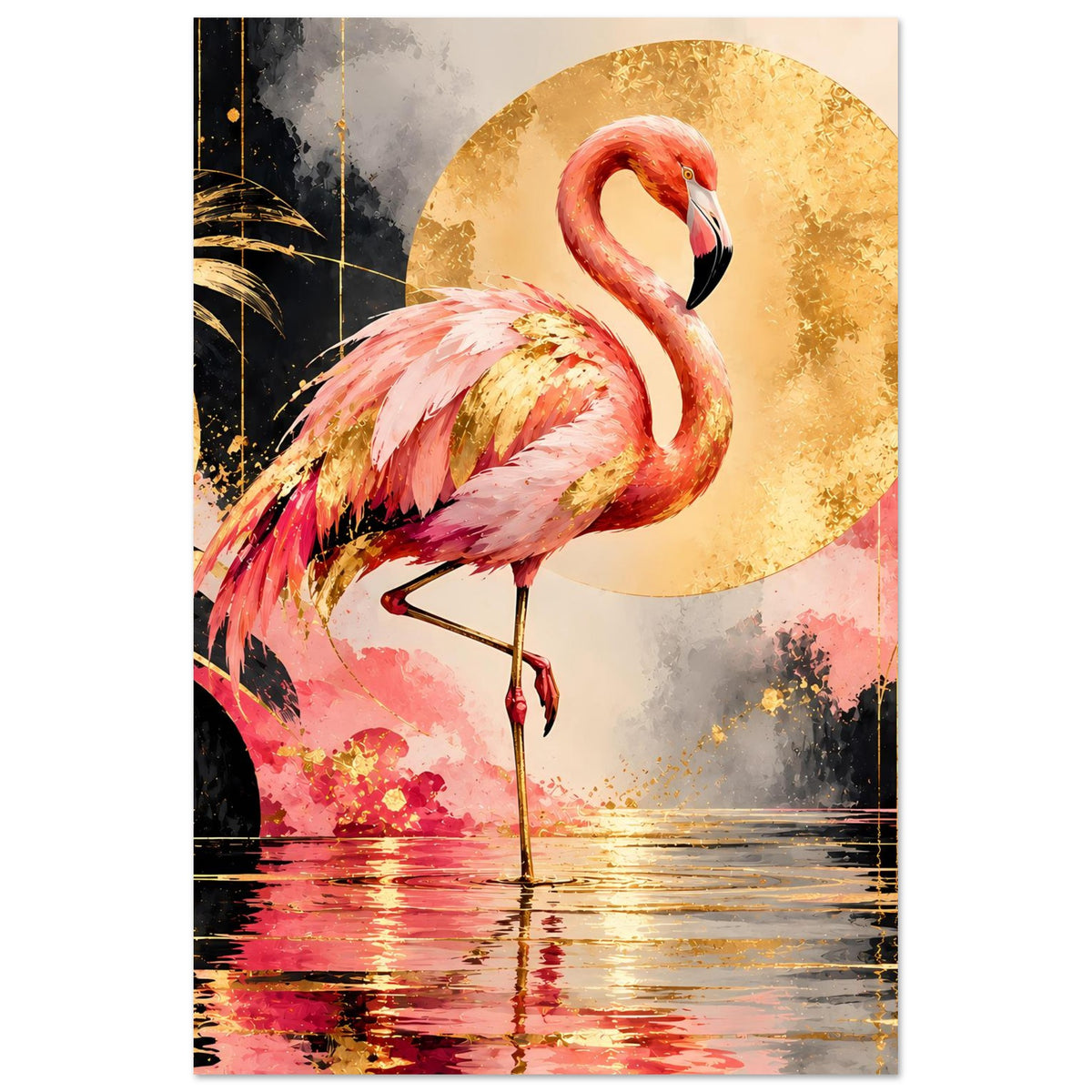 Flamingo-Tierposter im Hochformat: rosa Flamingo mit goldenen Highlights und Wasserspiegelung