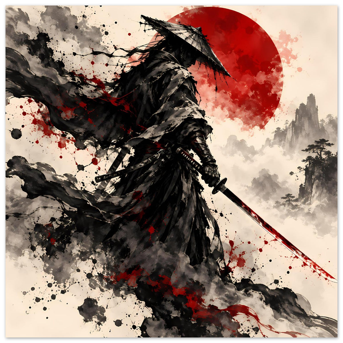 Samurai-Kriegerposter im Querformat: roter Mond, wehender Umhang, Katana