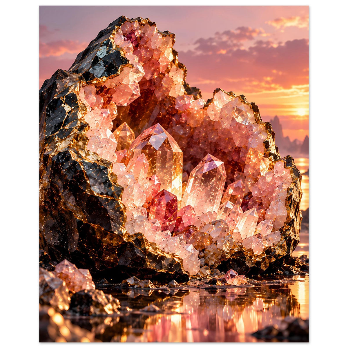 Poster mit leuchtenden rosa und klaren Kristallen auf schwarzem Gestein, Hochformat