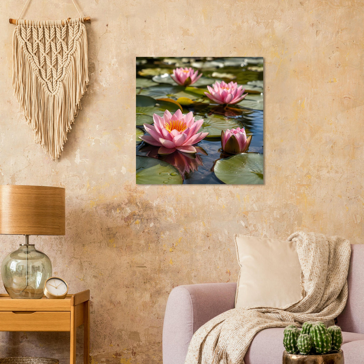 Quadratisches Poster mit rosa Seerosen und Blättern auf ruhigem Wasser