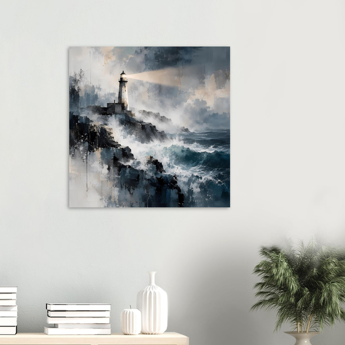 Kleines Poster mit Leuchtturm an der Küste, blaue Brandung und neblige Farbflächen