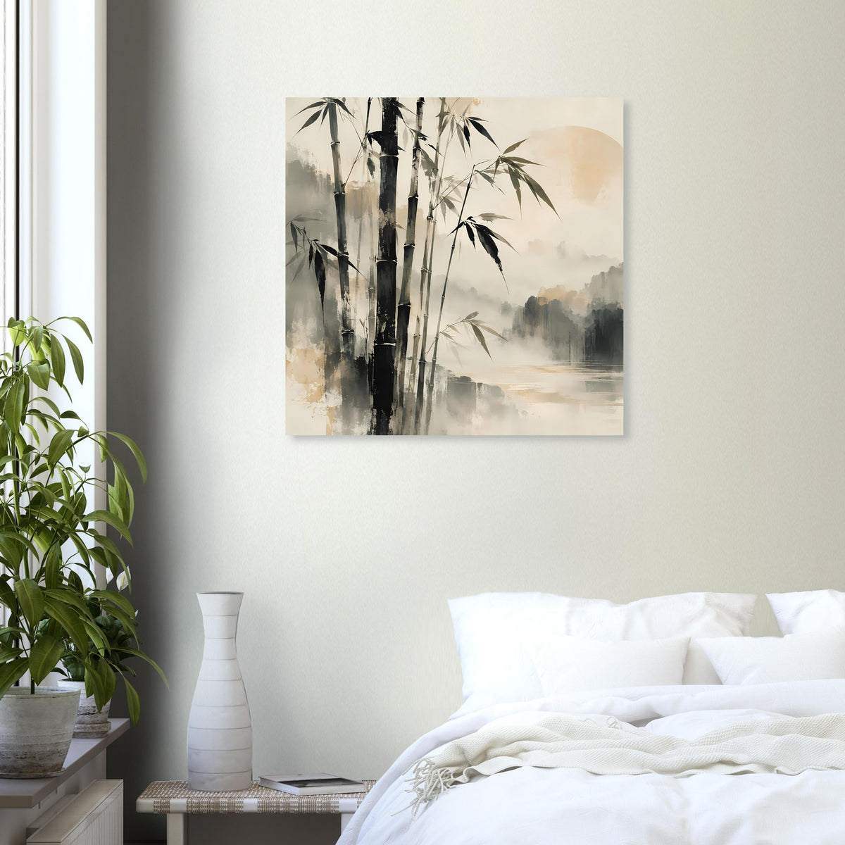 Rechteckiges Bambus-Wandbild mit nebliger Landschaft, beige Akzenten und weichem Farbverlauf
