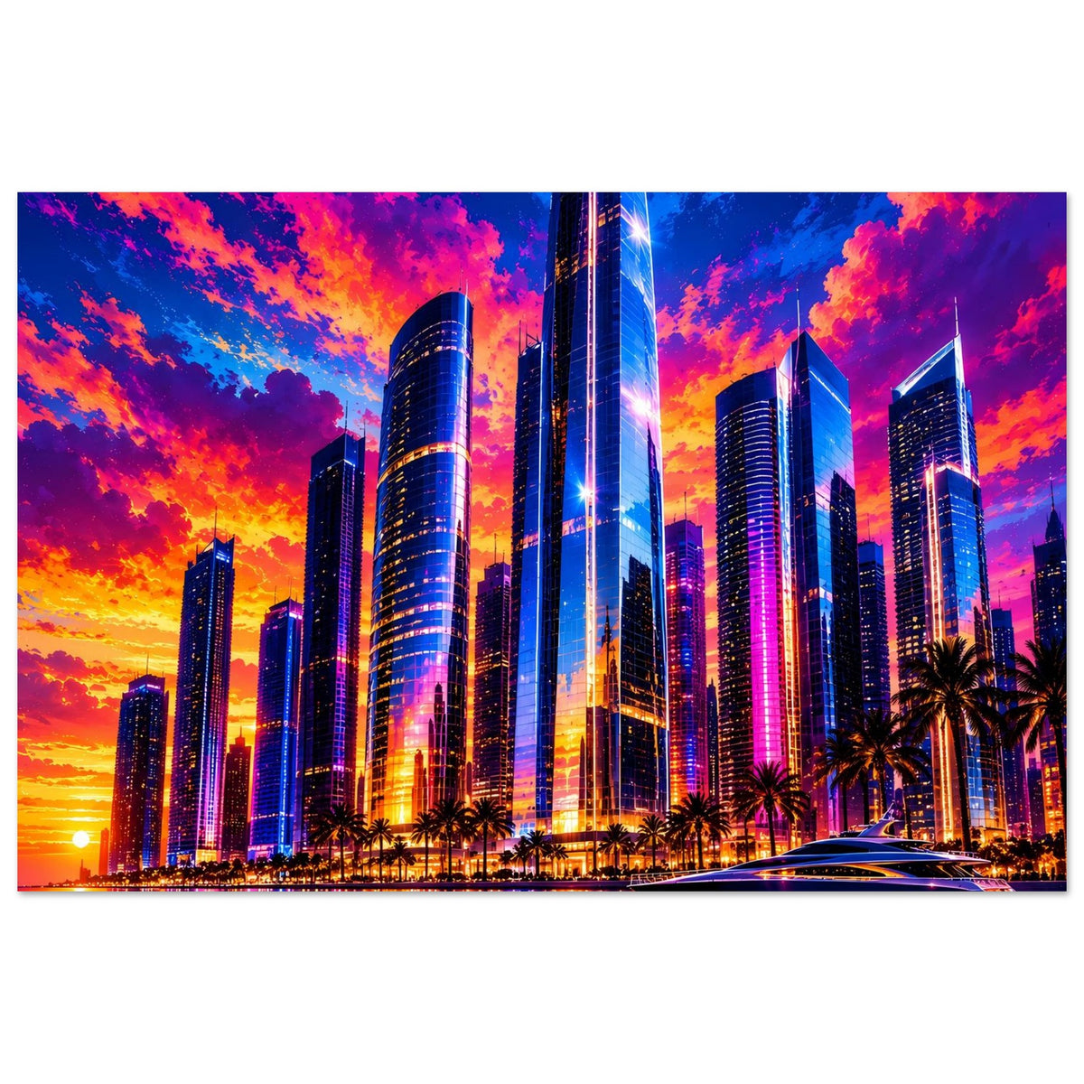 Poster Großstadt-Skyline, Wolkenkratzer in Nachtfarben und Boot auf spiegelndem Wasser
