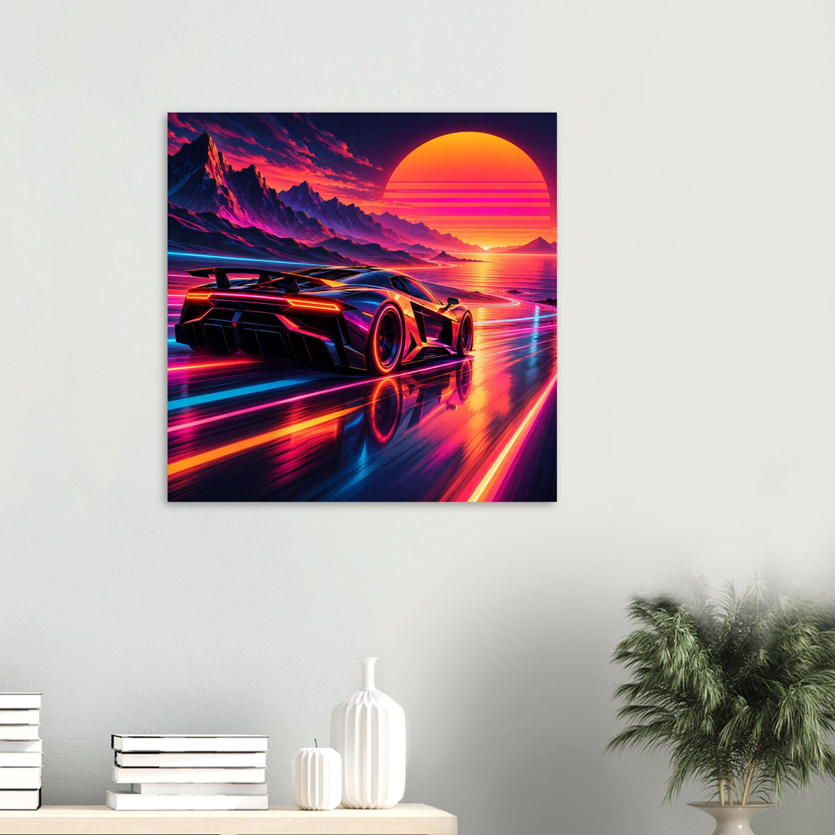 Quadratisches Poster mit neonfarbenem Supercar, Sunset-Himmel und farbigen Lichtspuren am Meer