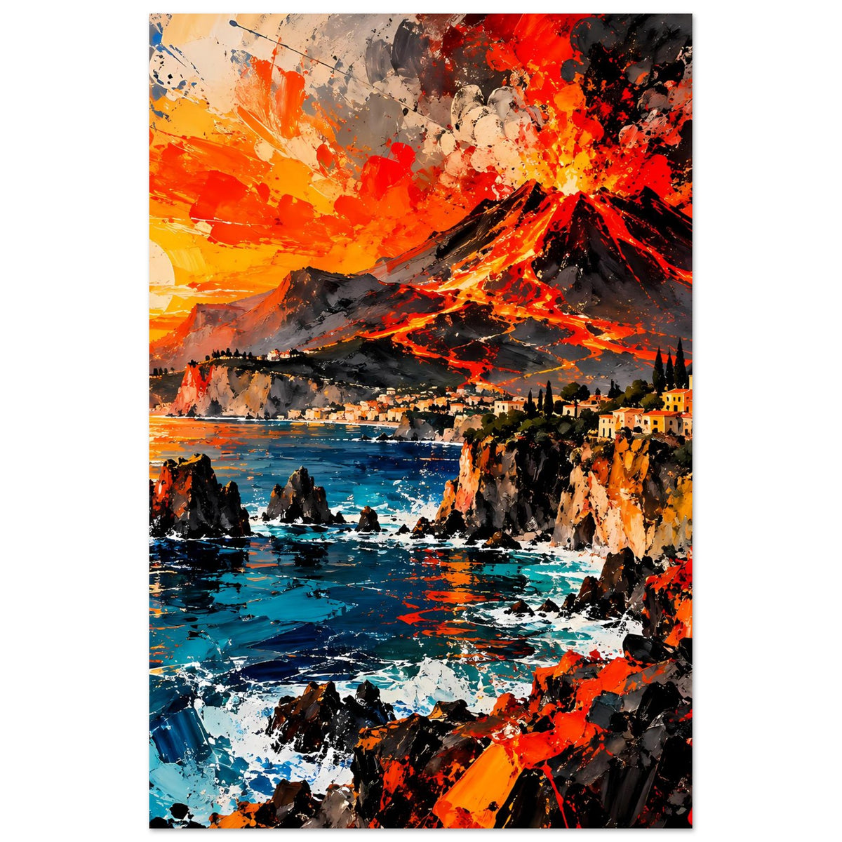 Hochformat-Poster mit Vulkanausbruch, Stadt am Hang und Meer mit Felseninseln