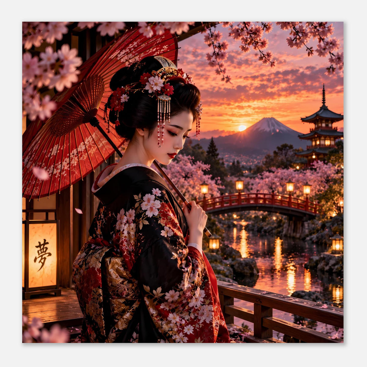Querformat-Poster: Frau im Kimono mit Kirschblüten, roter Schirm, Sonnenuntergang über Brücke und Tempel