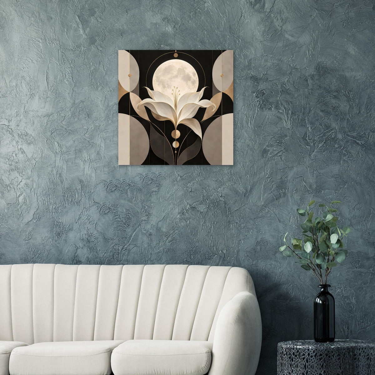Vertikales Art-déco-Poster mit goldener und cremefarbener Mondschein-Lilie