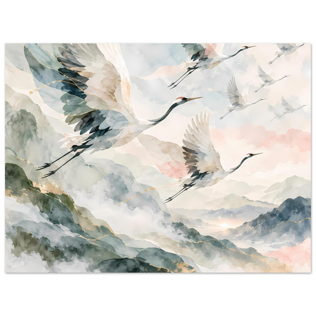Poster mit fliegenden Kranichen, Aquarellberge mit Goldakzent und zarten Wolken