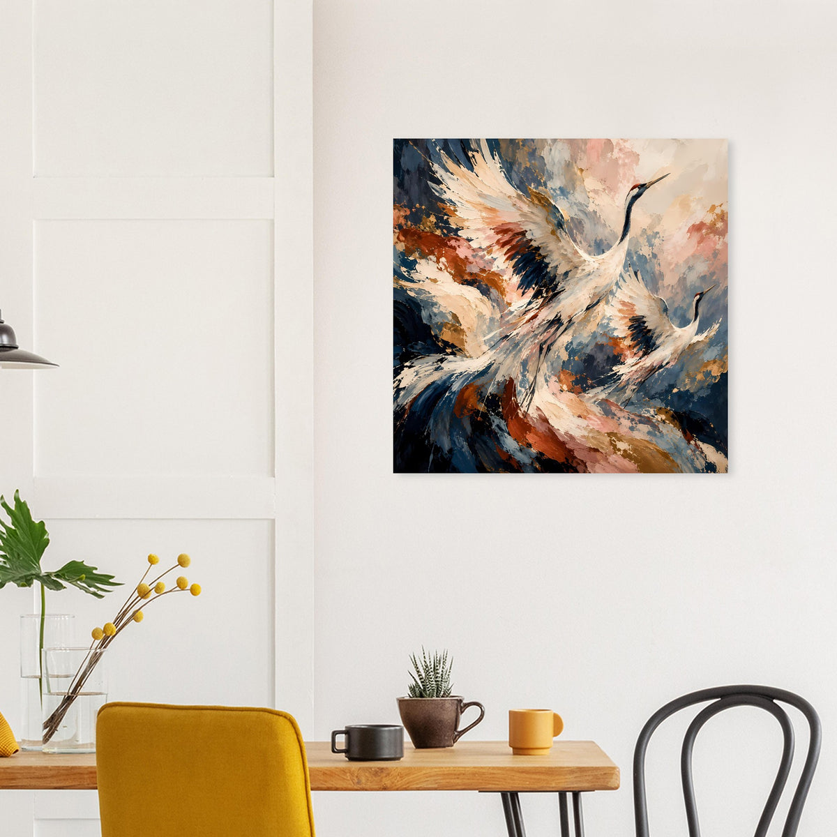 Wandposter mit fliegenden Kranichen in Aquarelloptik, sanfte Erdtöne, klare Bildmitte