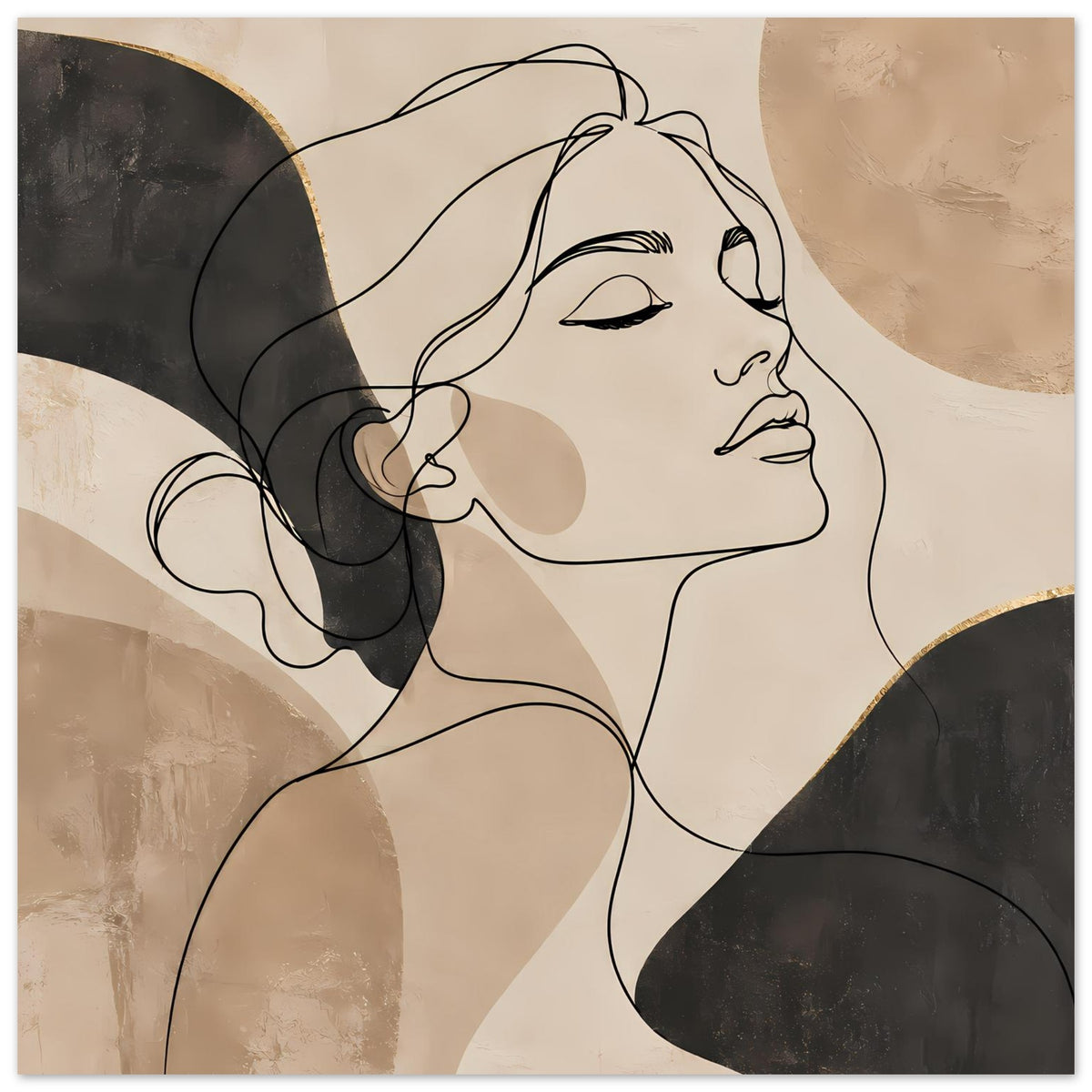 Kunstposter mit Linienporträt einer Frau, beige Akzente, schwarze Konturen und Halbkreisformen