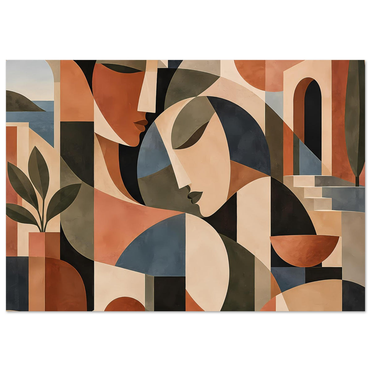 Horizontales Kunstposter mit abstrakten Gesichtern, geometrische Muster in Terrakotta und Dunkelblau