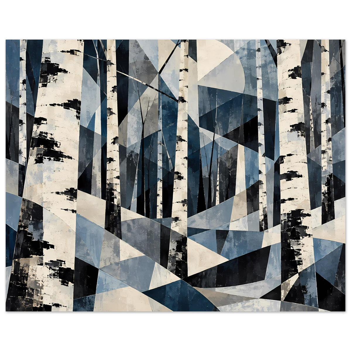Abstraktes Naturposter: Blauweiße Birkenwald-Silhouetten mit geometrischem Muster