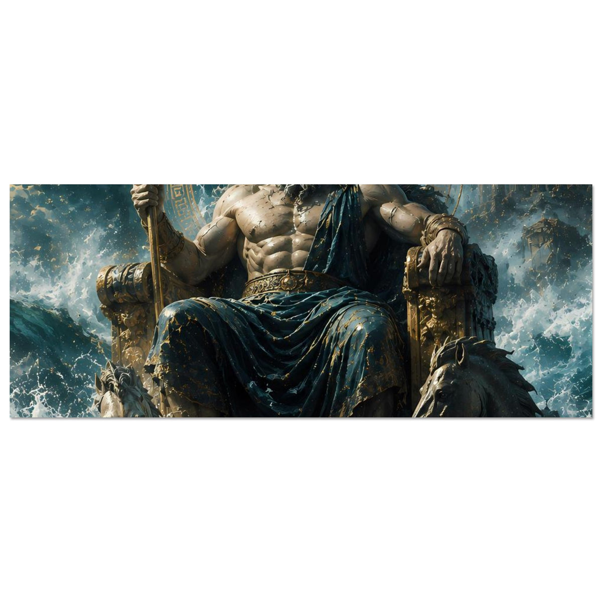 Poster im Querformat mit Poseidon-Statue, Dreizack und Meerestextur im Hintergrund