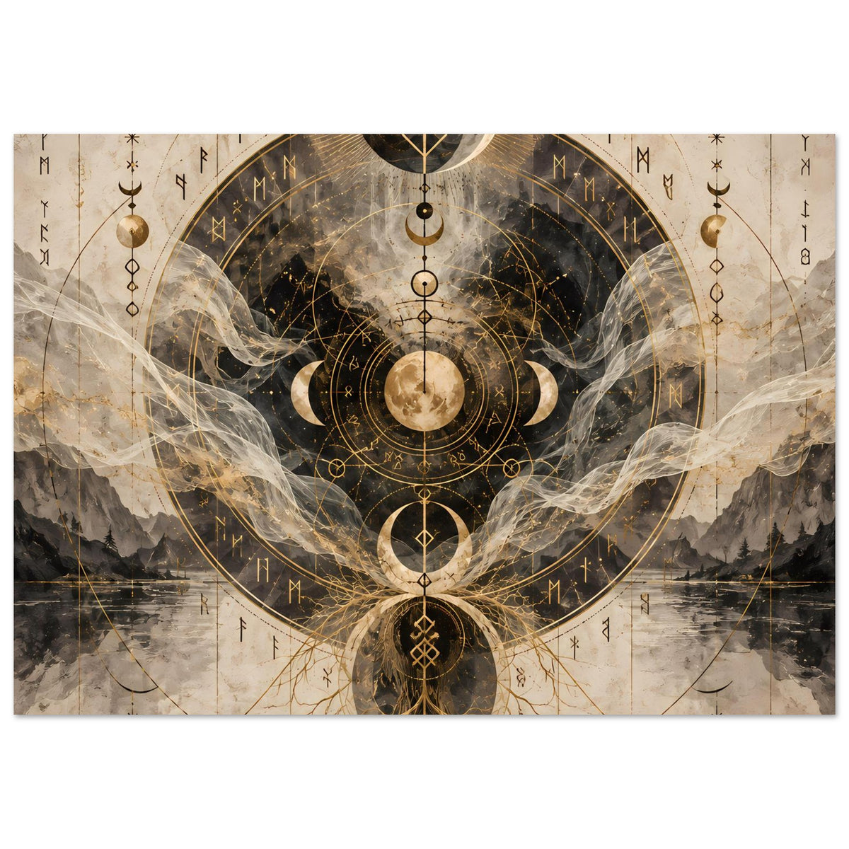 Horizontales Wandposter mit mondförmigen Symbolen, goldenen Ornamenten und Sternzeichenringe