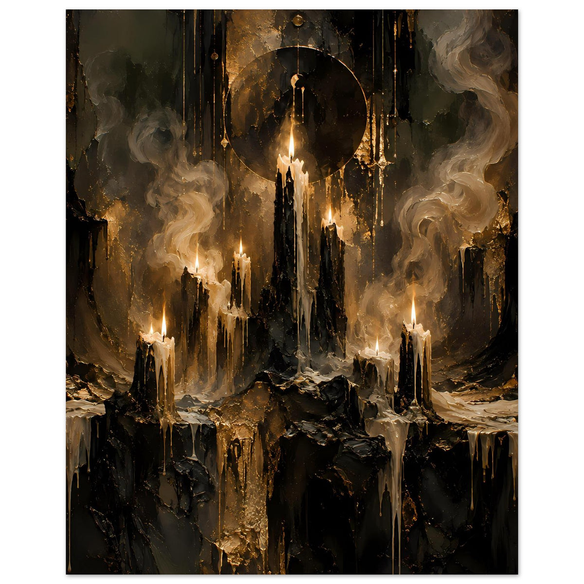 Fantasy-Poster im Hochformat: Kerzen auf dunklem Grund, Rauchspiralen und goldenes Portal.