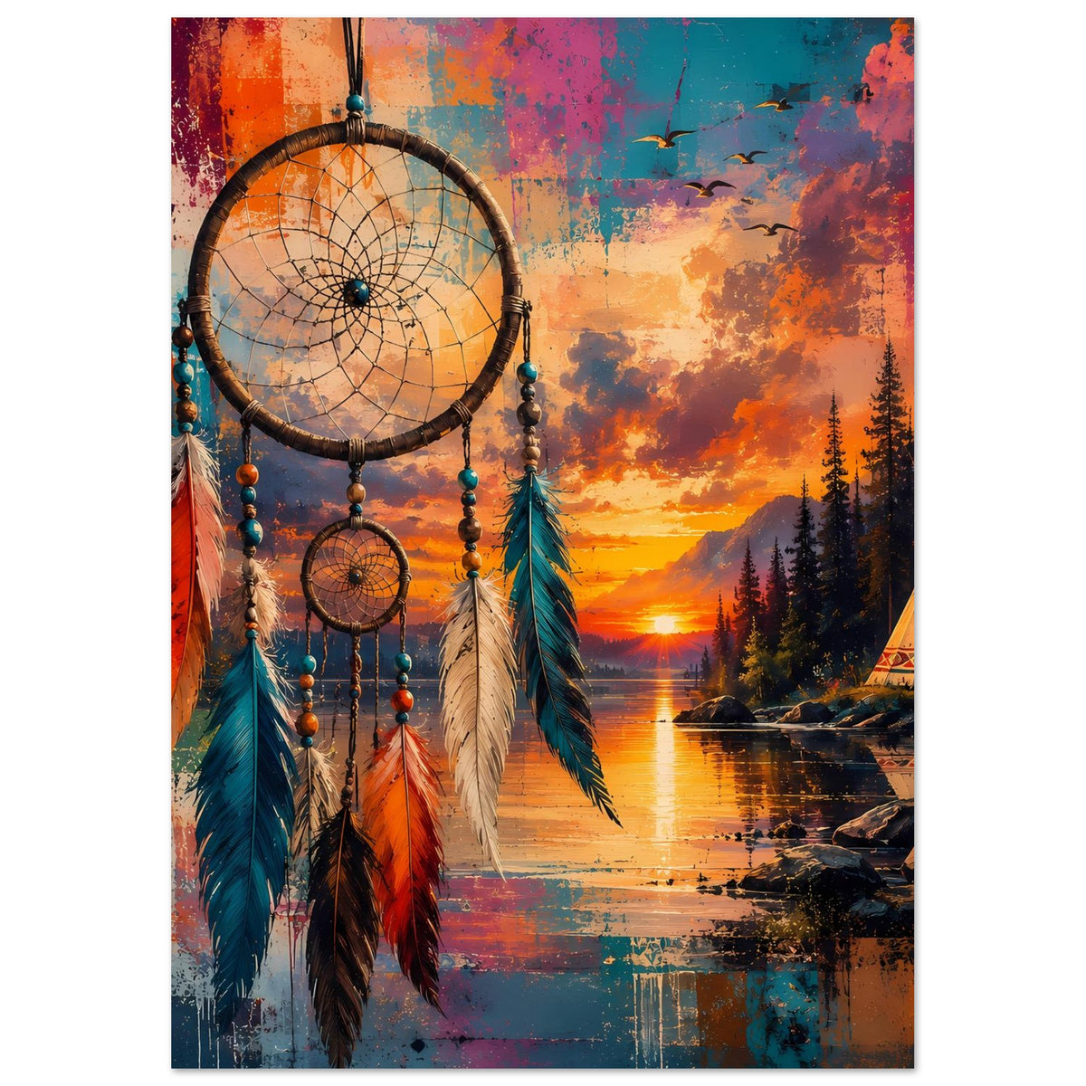 Boho-Träumefänger-Poster im Hochformat mit Traumfänger, bunten Federn und Abendsonne am Wasser