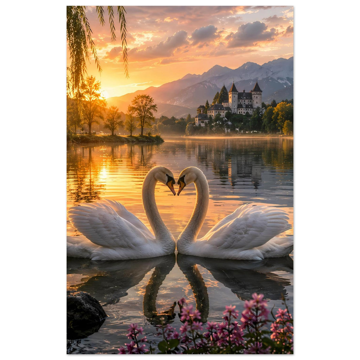 Poster im Hochformat: zwei Schwäne bilden eine Herzform, warmes Sonnenuntergangsbild