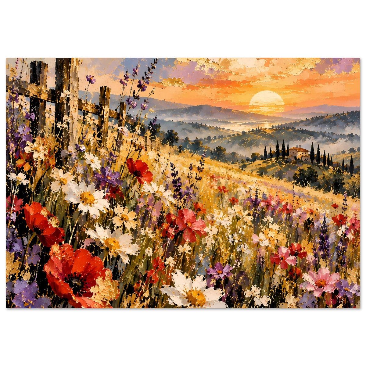 Landschaftsposter mit bunten Blumen im Feld, goldener Sonne und warmem Abendhimmel