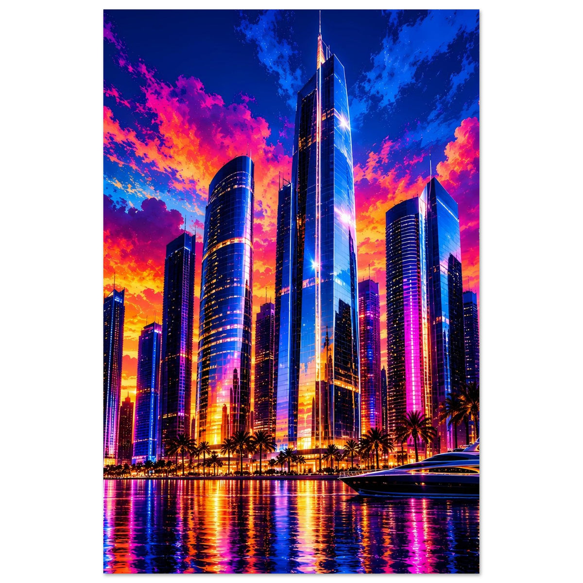 Stadt-Skyline-Poster mit illuminierten Wolkenkratzern im Sonnenuntergang und reflektierendem Fluss