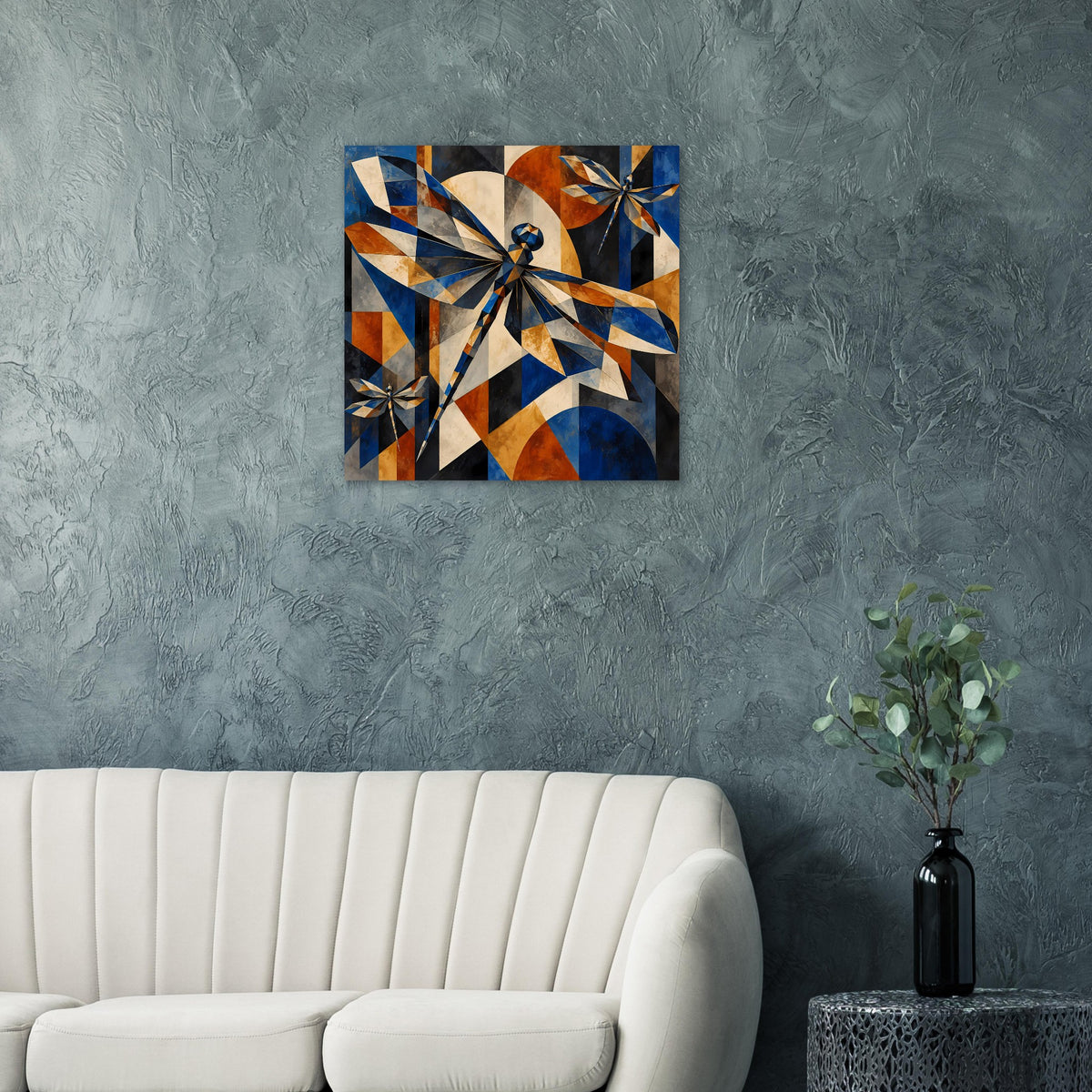 Quadratisches Kunstposter mit geometrischen Libellen in Blau und Kupfer
