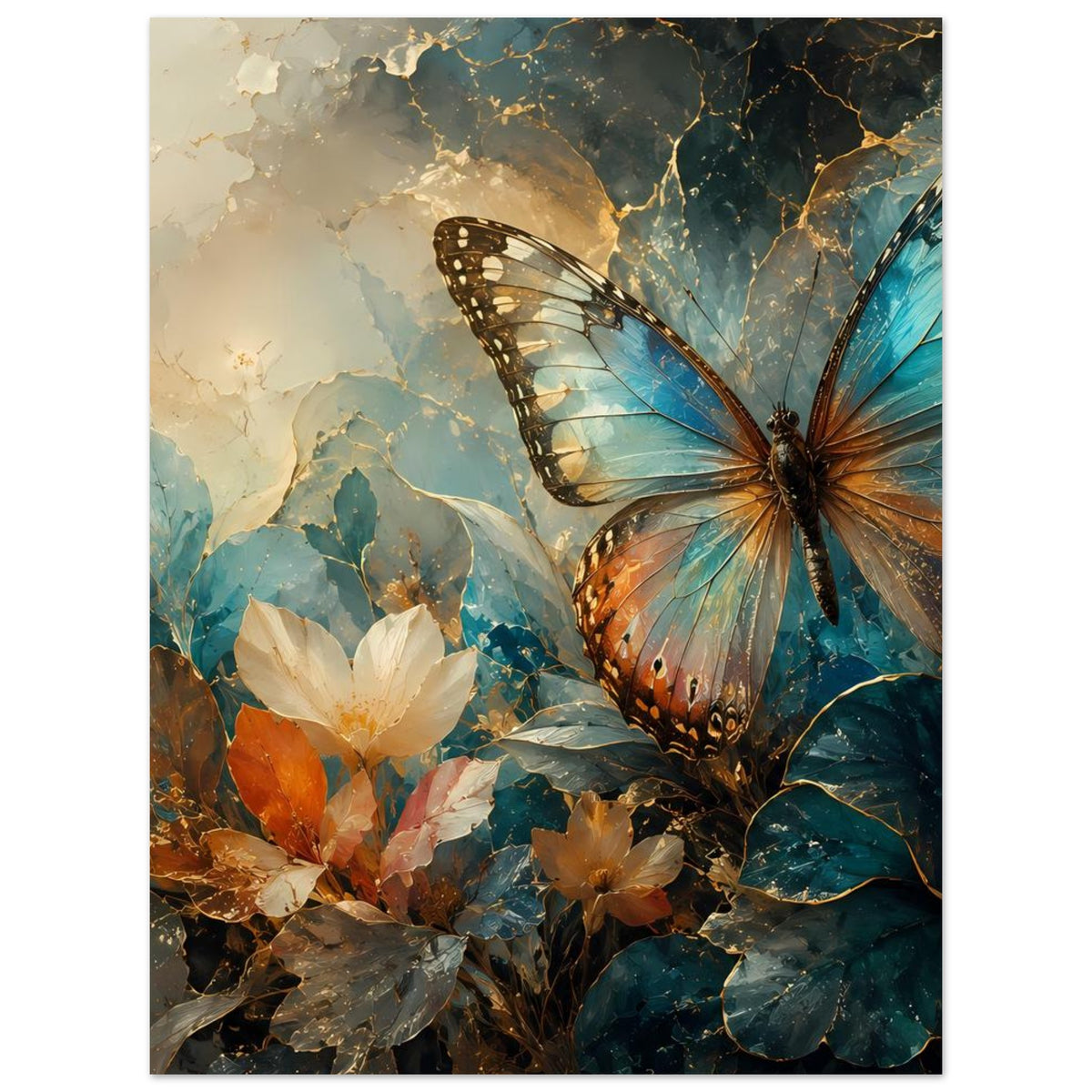Vertikales Poster mit Schmetterling, blauen Flügeln und Blumen in warmen Goldtönen