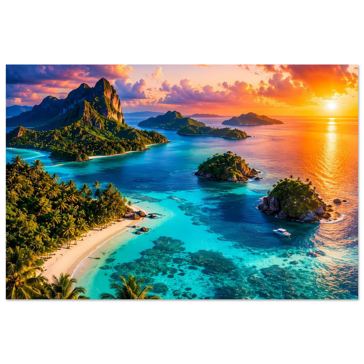 Horizontales Poster mit tropischer Küste: türkisblaues Wasser, Strände, Inseln und Abendhimmel