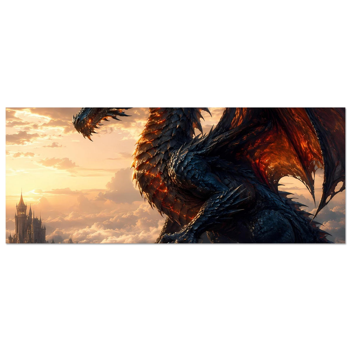 Horizontales Fantasy-Drachenposter, Nahansicht mit Flügeln und glühendem orangefarbenem Feuer