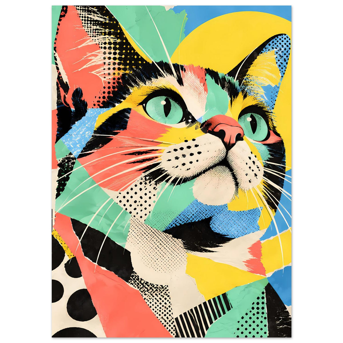 Pop-Art-Katzenposter mit buntem Blick der Katze, Farbverläufe und Comic-Grafik