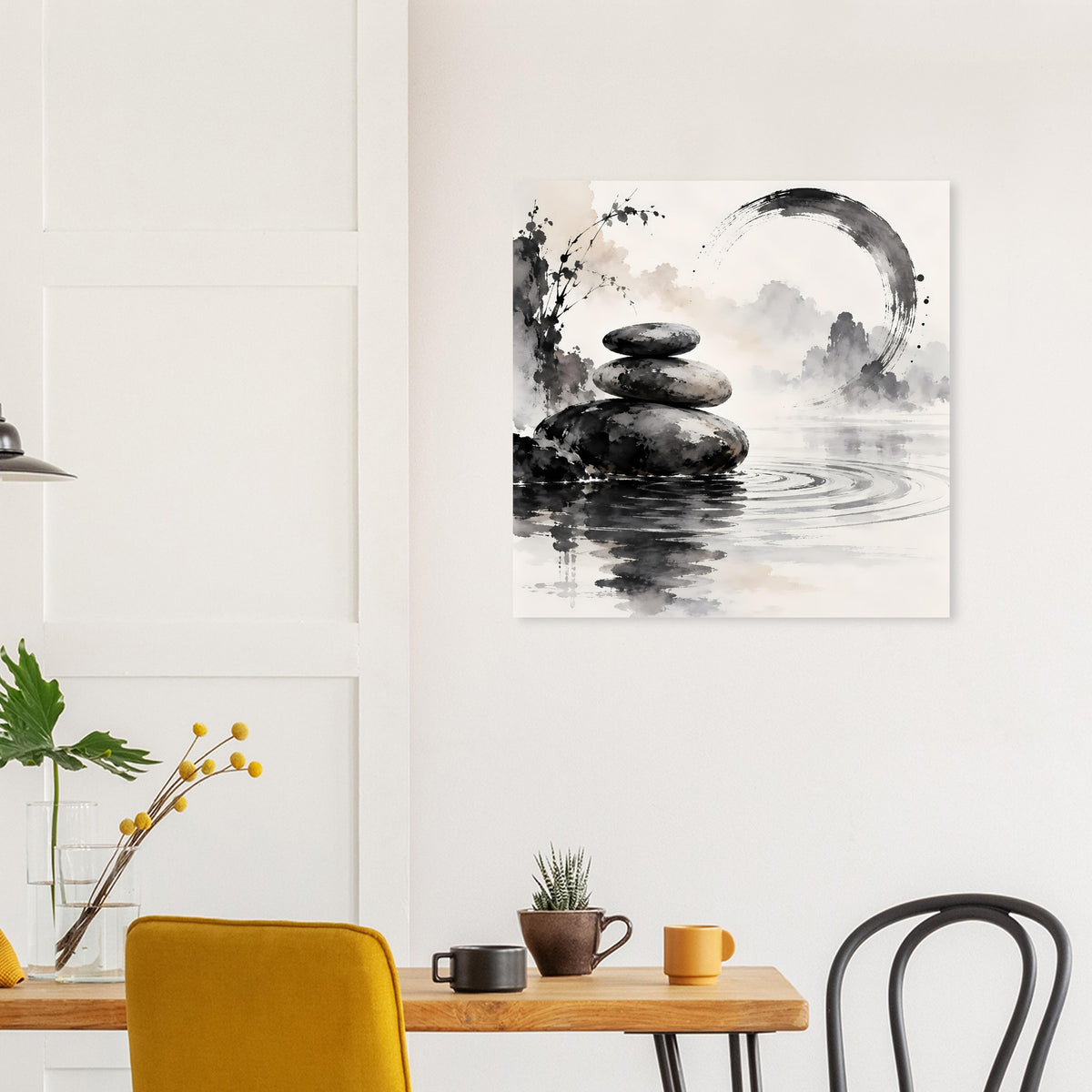 Zen-Balance Poster, quadratisch: gestapelte Steine in Schwarz vor Wasser- und Rauchverlauf