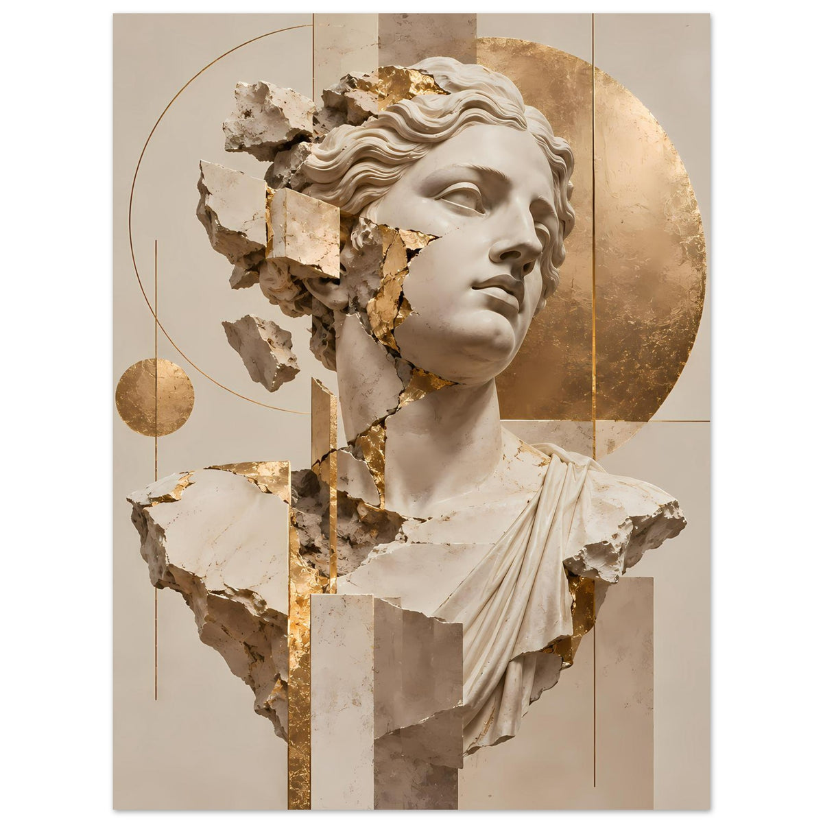Kunstposter mit klassischer Skulptur, beige und gold, fragmentierte Statue im Porträt