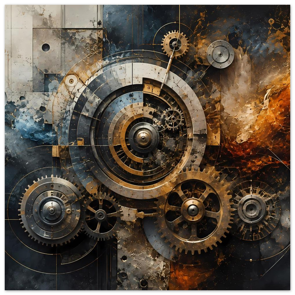 Steampunk-Poster mit großen Zahnrädern, Kreisscheiben und warmem Metallfarbton