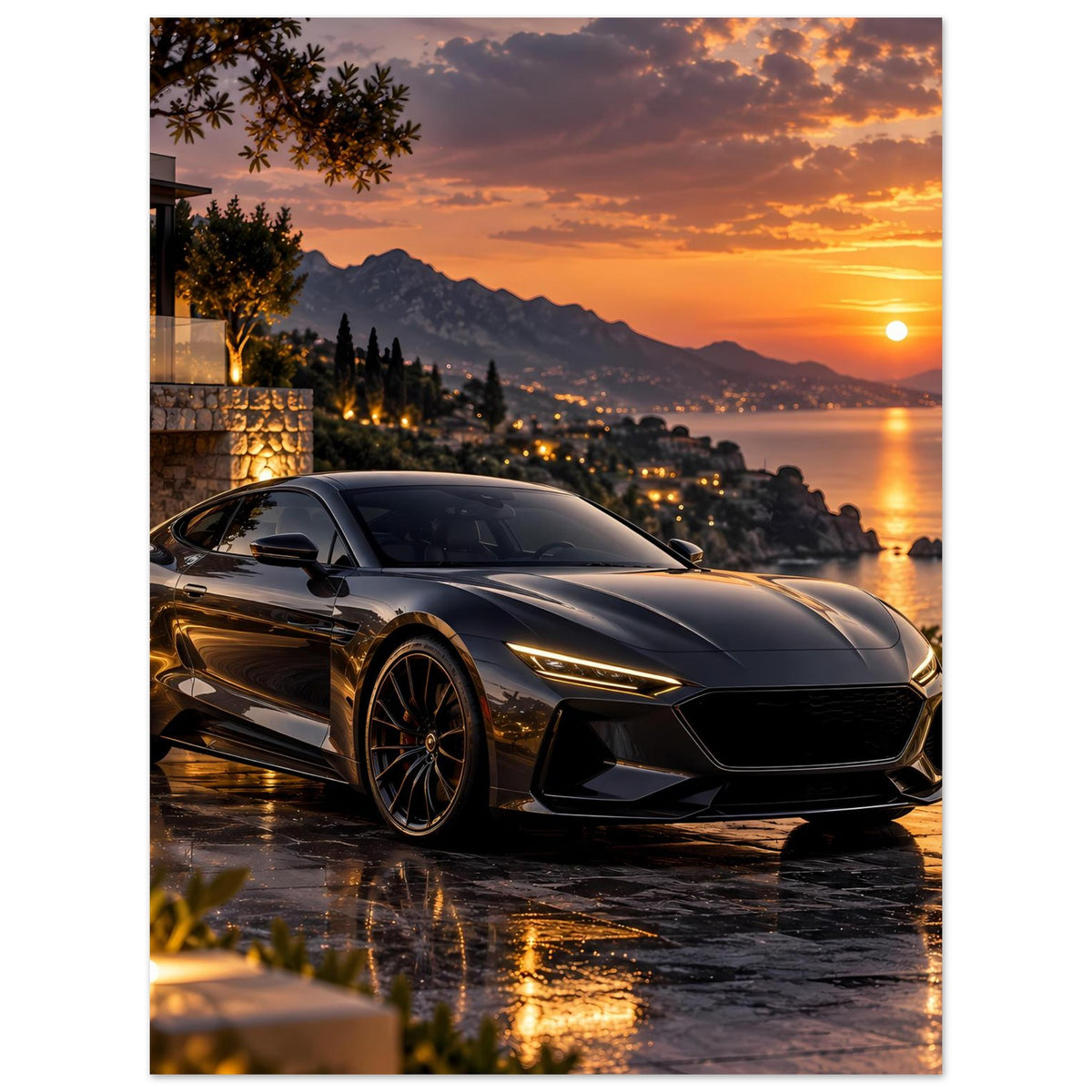 Poster mit Sportwagen bei Sonnenuntergang, Frontansicht, schwarzer Wagen, gelbe Scheinwerfer