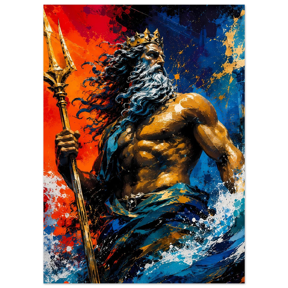 Vertikales Poster mit Poseidon und Dreizack, dramatischer Blick, rot-blaues Spritzbild