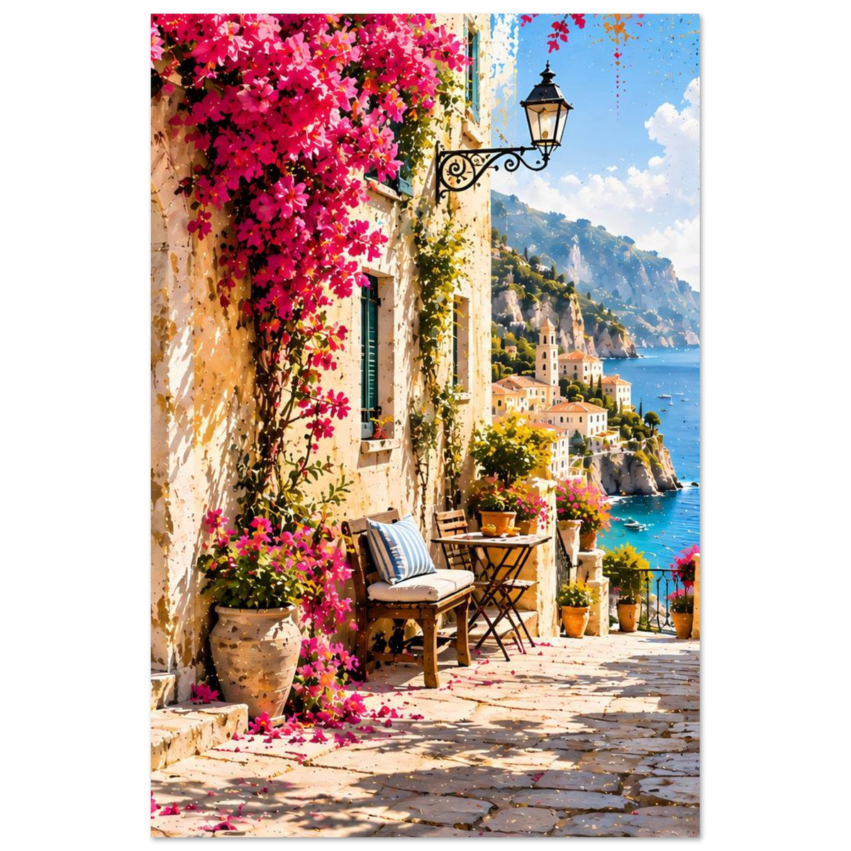 Mediterranes Küstenmotiv-Poster: pinke Blumenreihen, Laterne, Steintreppe und Küstenhäuser