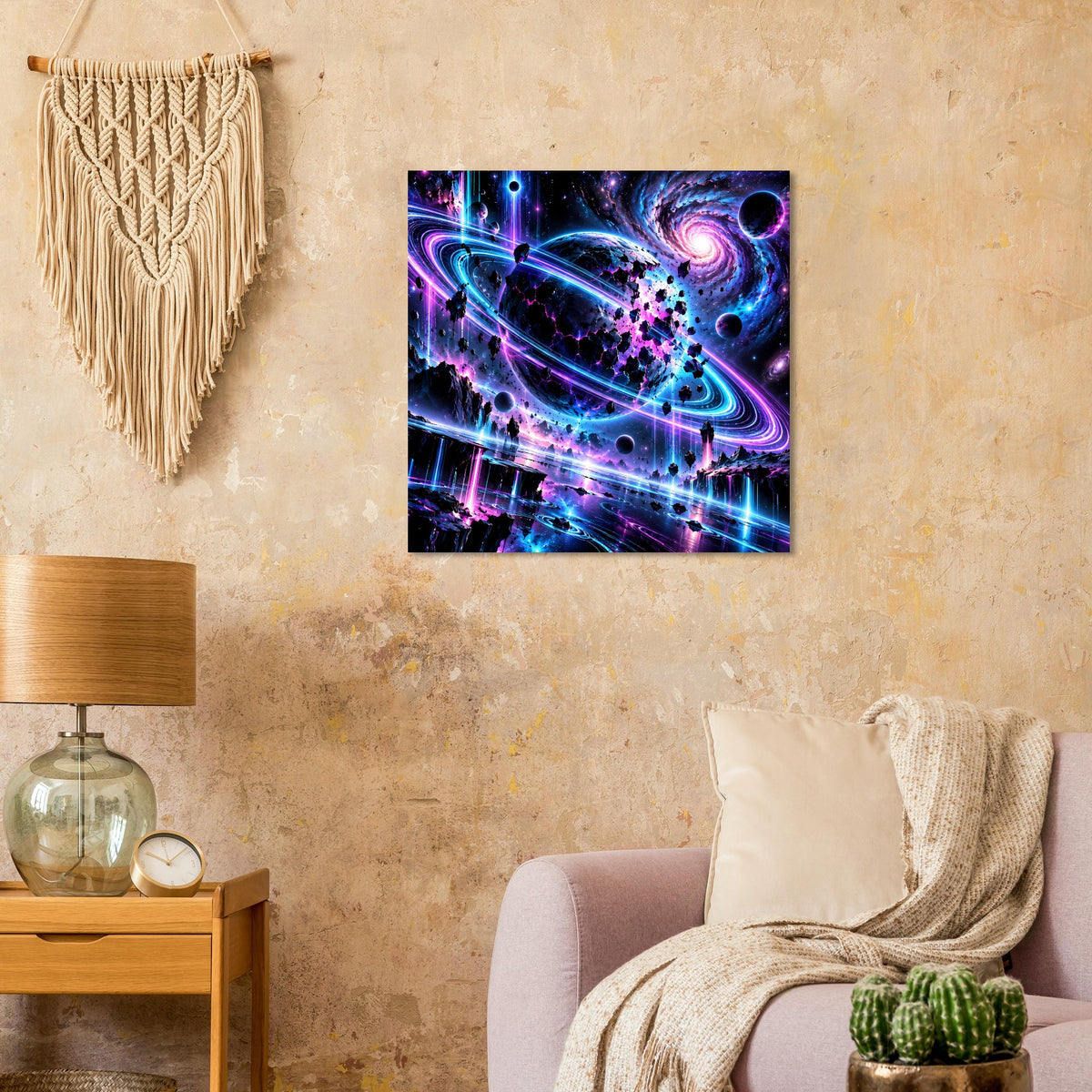Quadratisches Poster mit futuristischem Weltraum-Motiv, Neonlinien und violettem Planeten