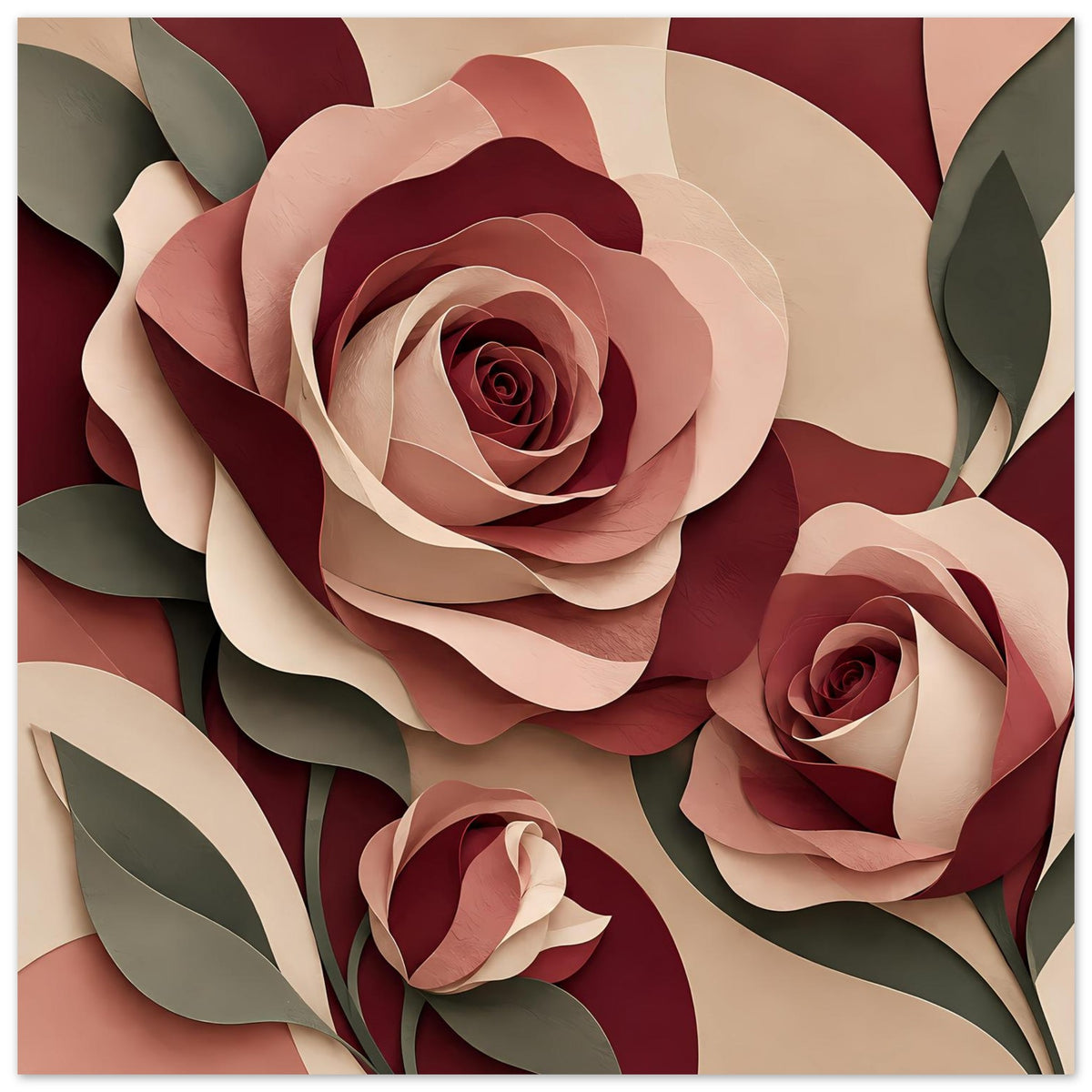 Florales Kunstposter mit Rosen in Burgunder, Rosé und Creme