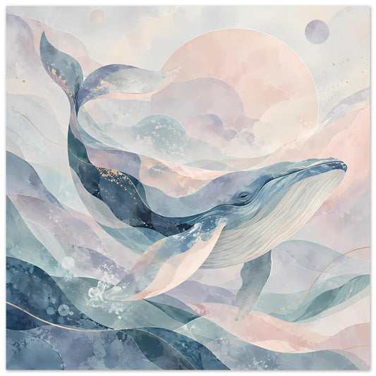 Wal-Kunstposter mit abstrakter Meeressäule, Blau- und Rosatönen, Pastellwolken